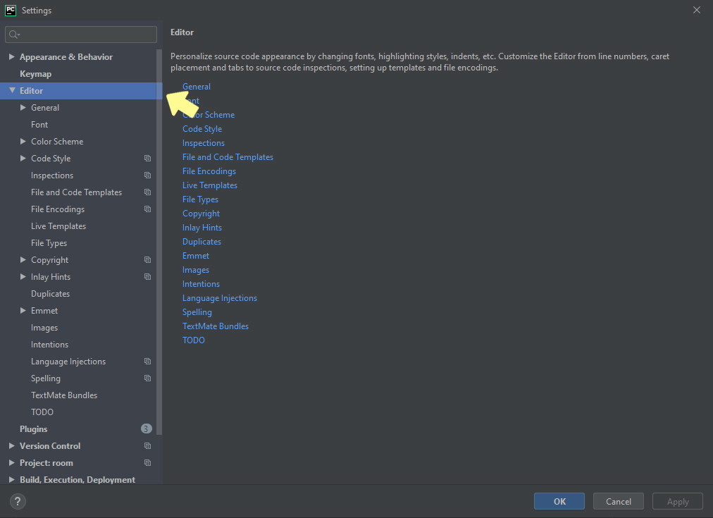 Общие настройки редактора находятся в file -> settings -> editor