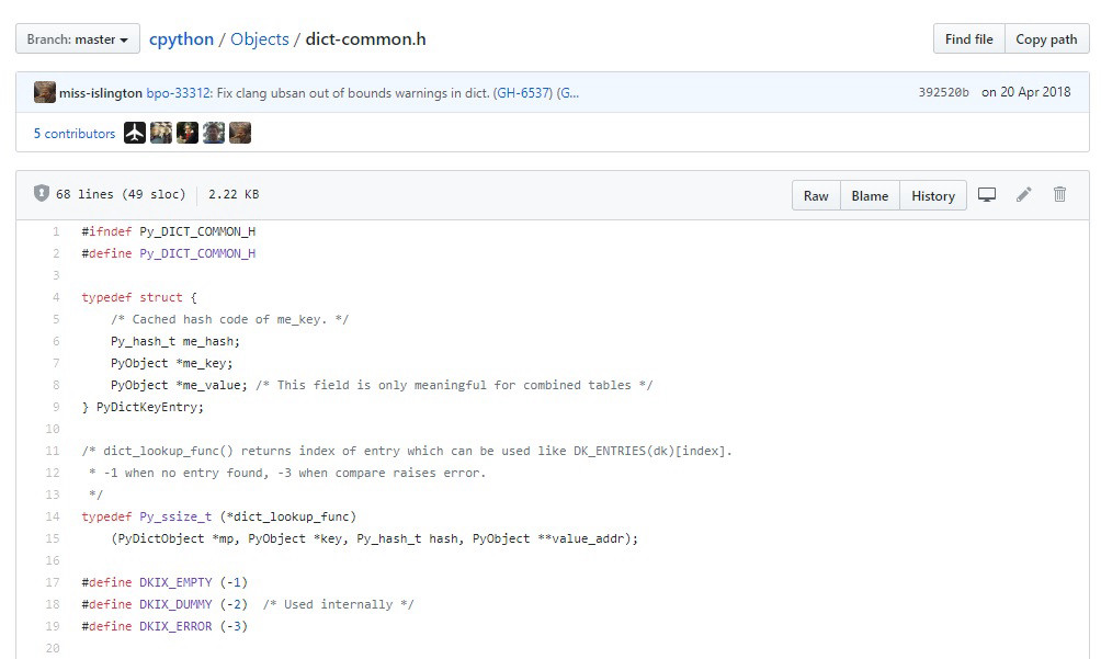 Описание словарей в CPython (dict-common.h)